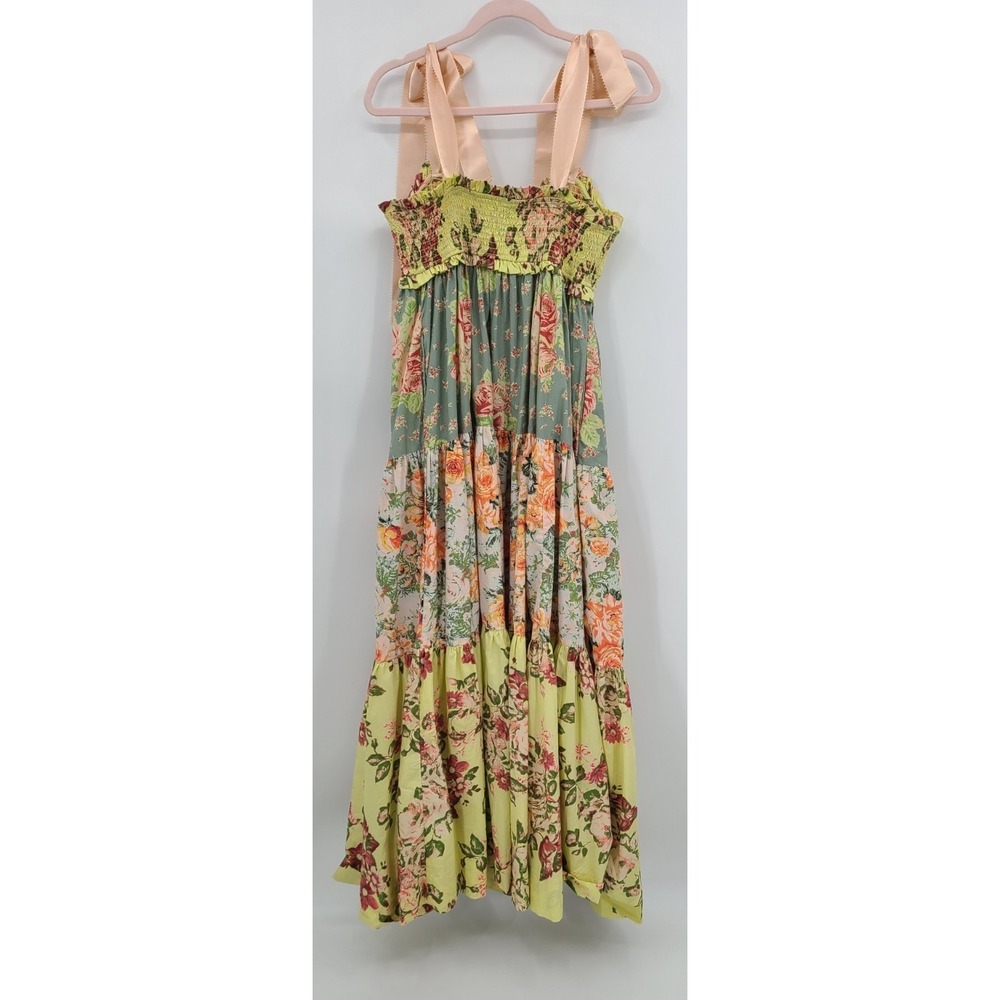 Free People Bluebell Patchwork Floral Maxi Tiered Dress Medium Smocked Ribbon - Picture 7 of 11